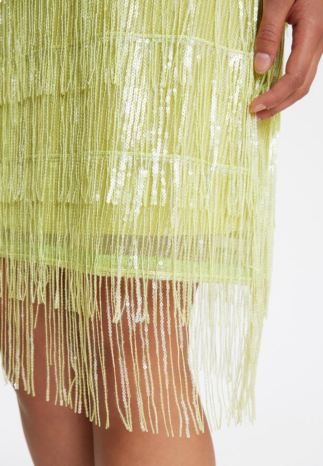 Ana Alcazar Riba abito paillettes lime corto frange