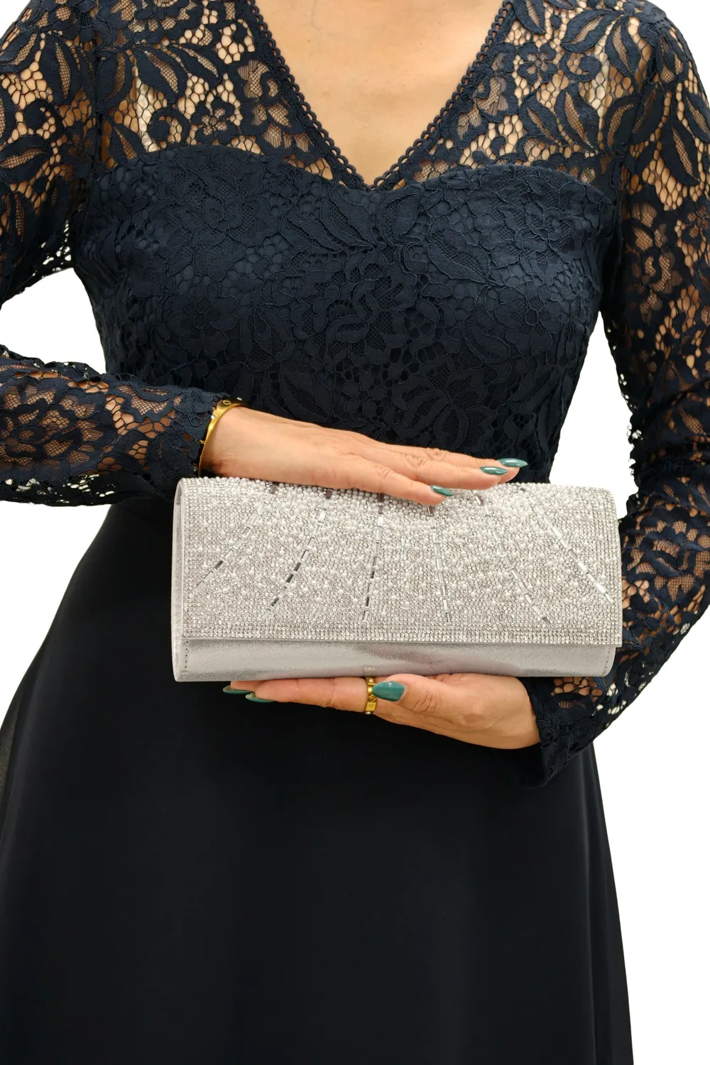 Double Second pochette argento strass con catena