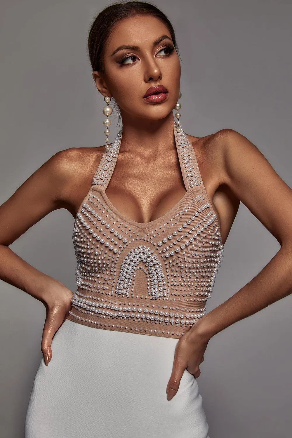 Bella Barnett Cornelia Abito Midi Halter Beige Perle Bandage