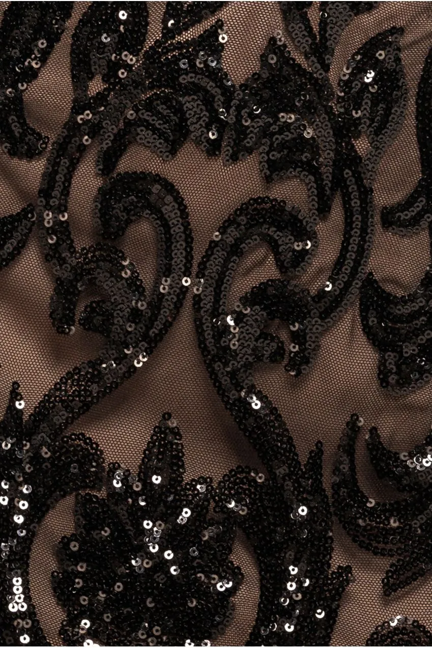 Goddiva abito maxi sera paillettes nero ricamato scollo V