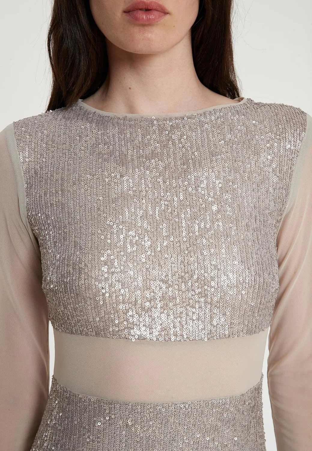 Ana Alcazar Tafia abito midi paillettes argento