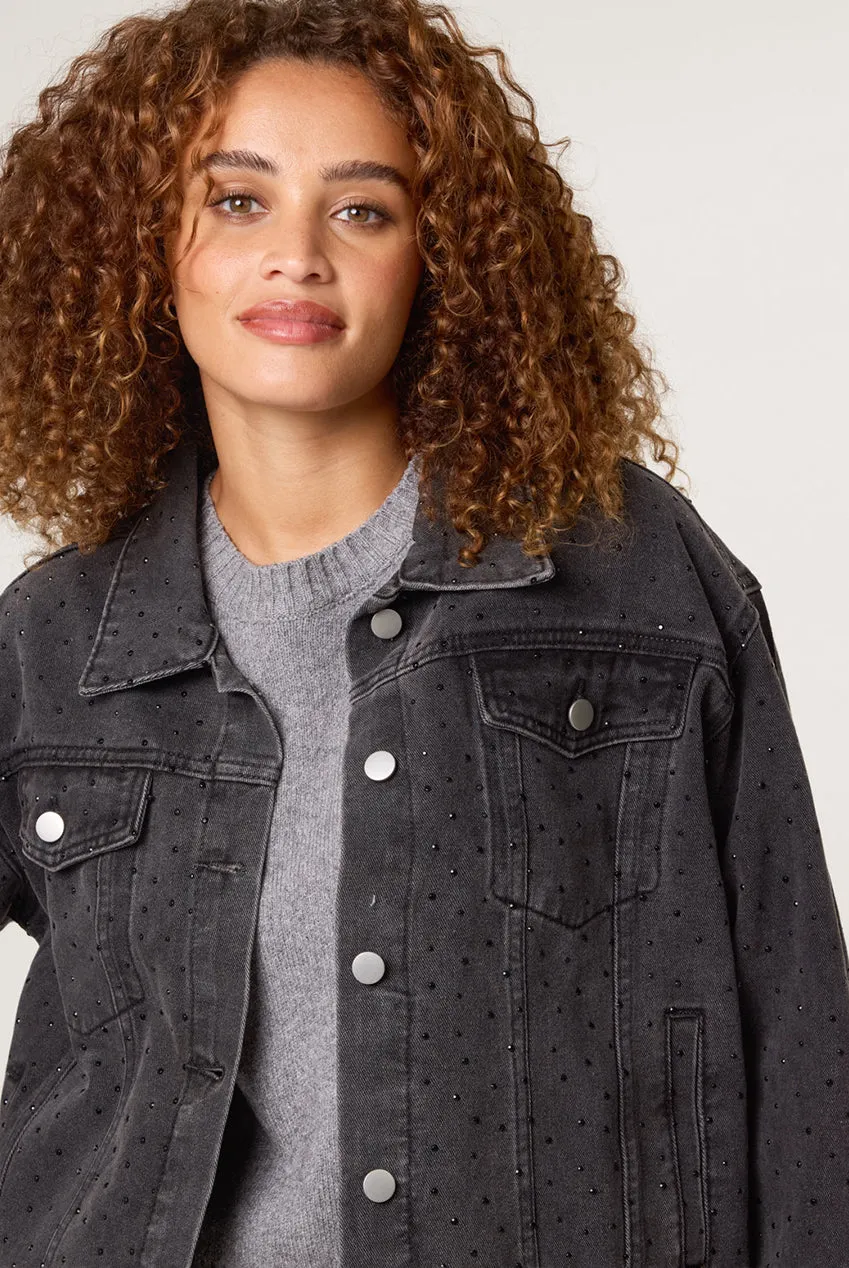 Blue Vanilla giacca denim nera ricamata cotone