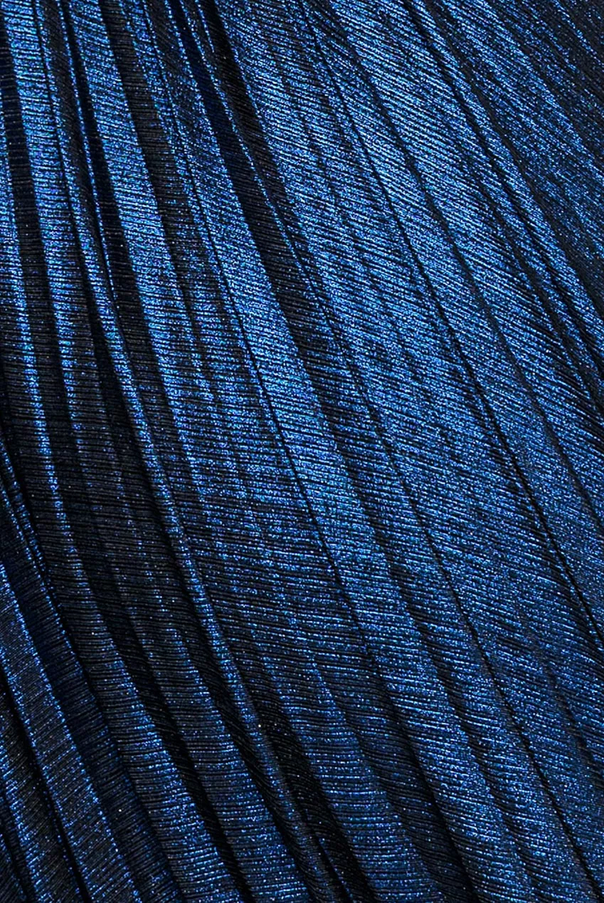 Goddiva Open Back Sunrise Foil Halterneck A Line abito maxi blu navy