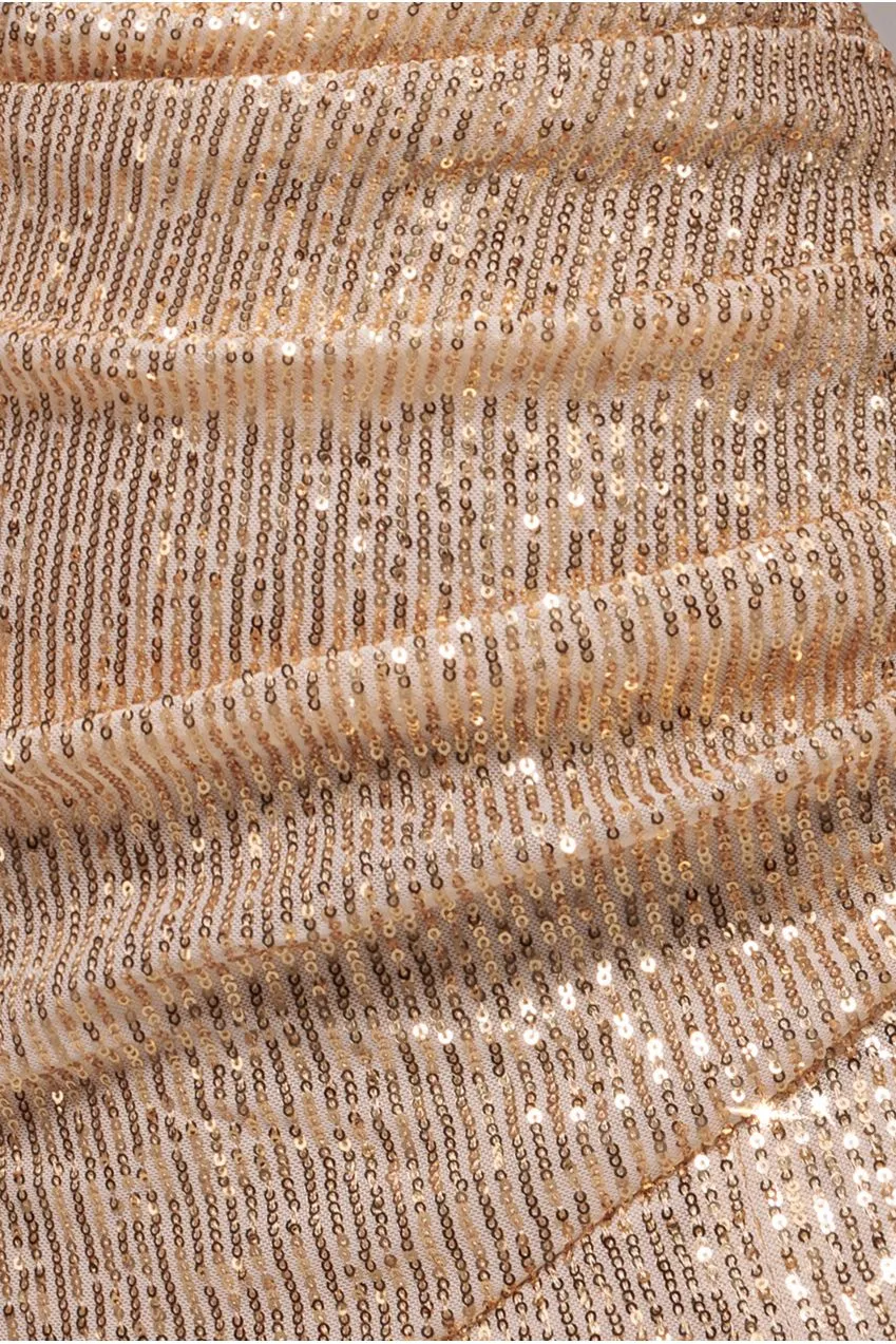 Goddiva Bardot Abito maxi oro paillettes spacco
