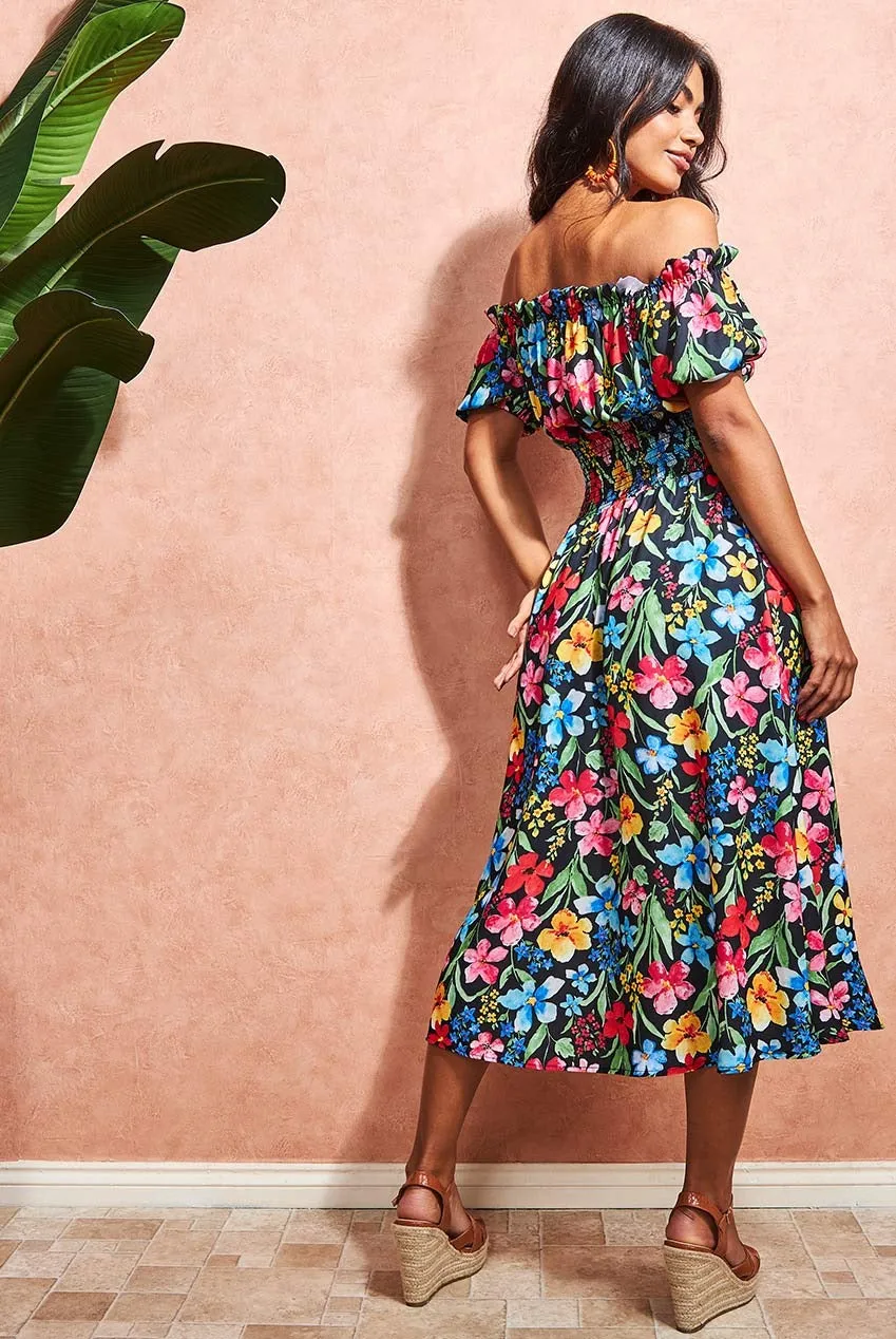 Goddiva Off Shoulder Floral abito midi nero a fiori