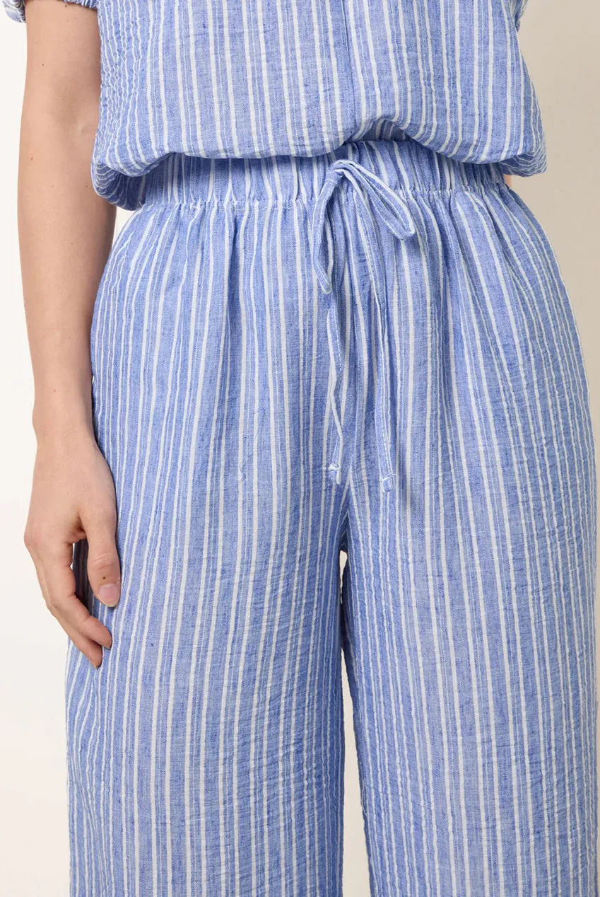Blue Vanilla pantaloni riga blu gamba larga vita annodata