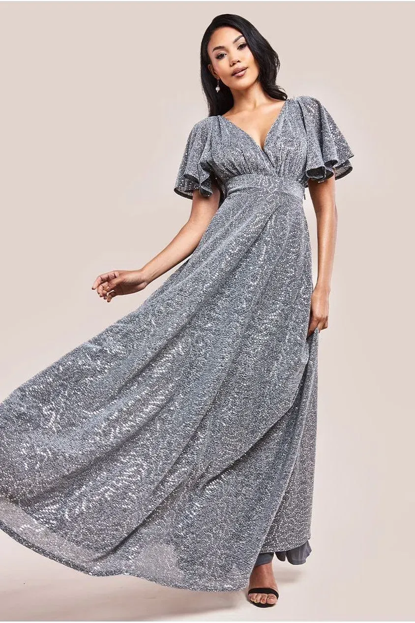 Goddiva Sequin Lurex DR3680 abito lungo argento paillettes