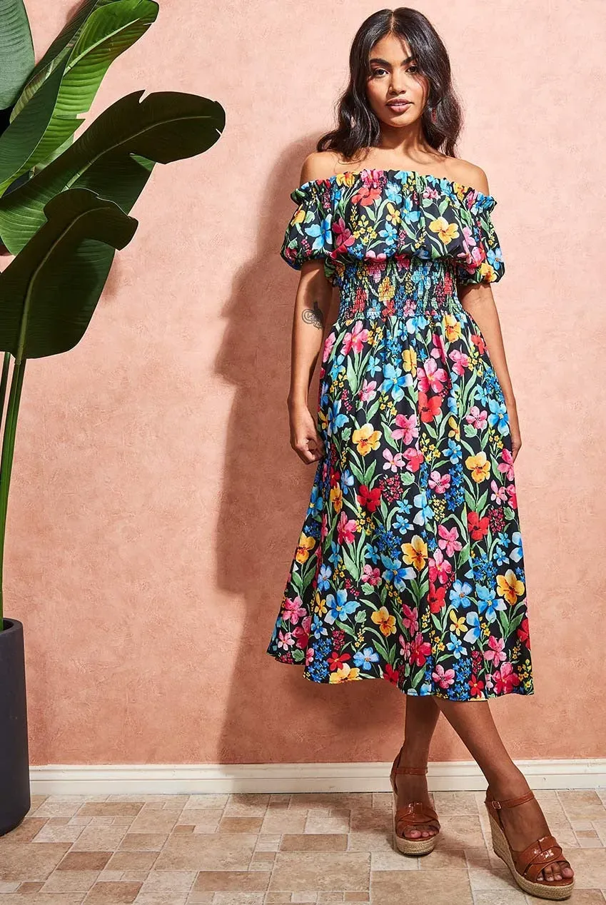 Goddiva Off Shoulder Floral abito midi nero a fiori