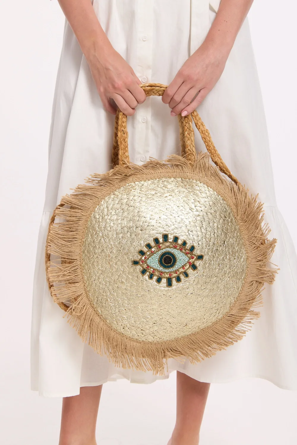Liquorish Evil Eye borsa juta naturale rotonda