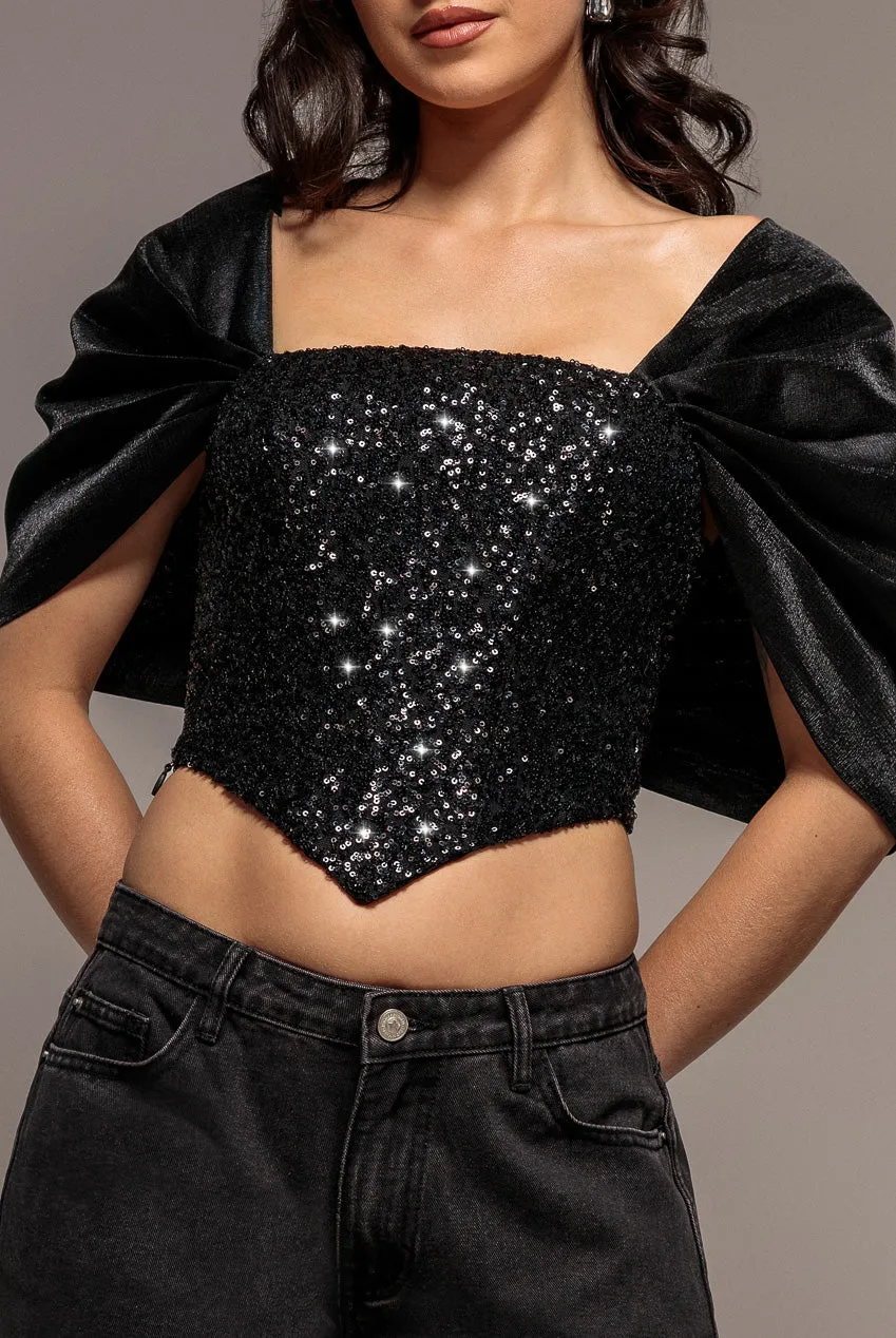 Goddiva Off Shoulder top corsetto nero fiocco raso