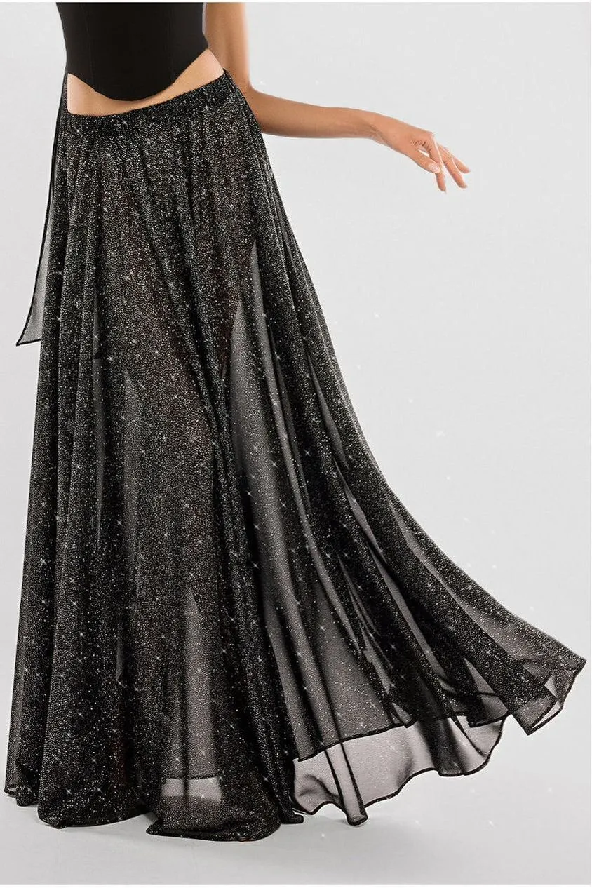 Goddiva Glitter Chiffon gonna lunga nera glitter S M L