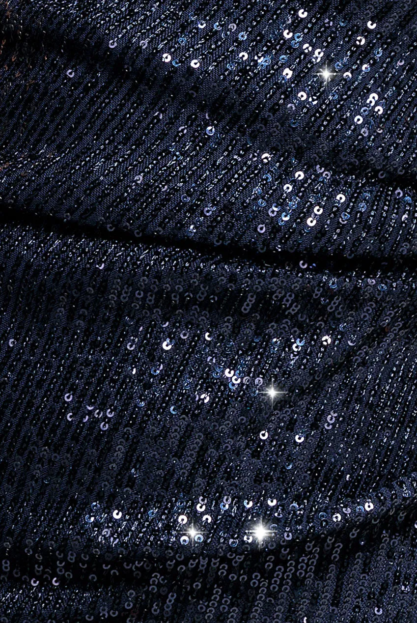 Goddiva Abito Maxi Bardot Paillettes Navy DR3643A