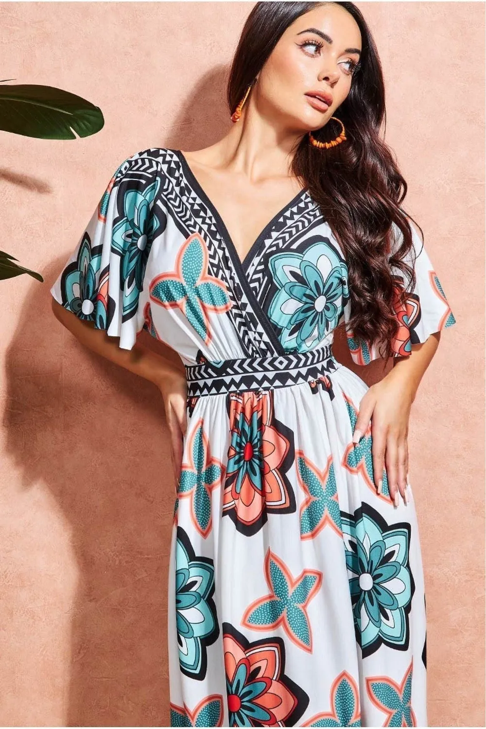 Goddiva DR3608 abito maxi crema fantasia volant