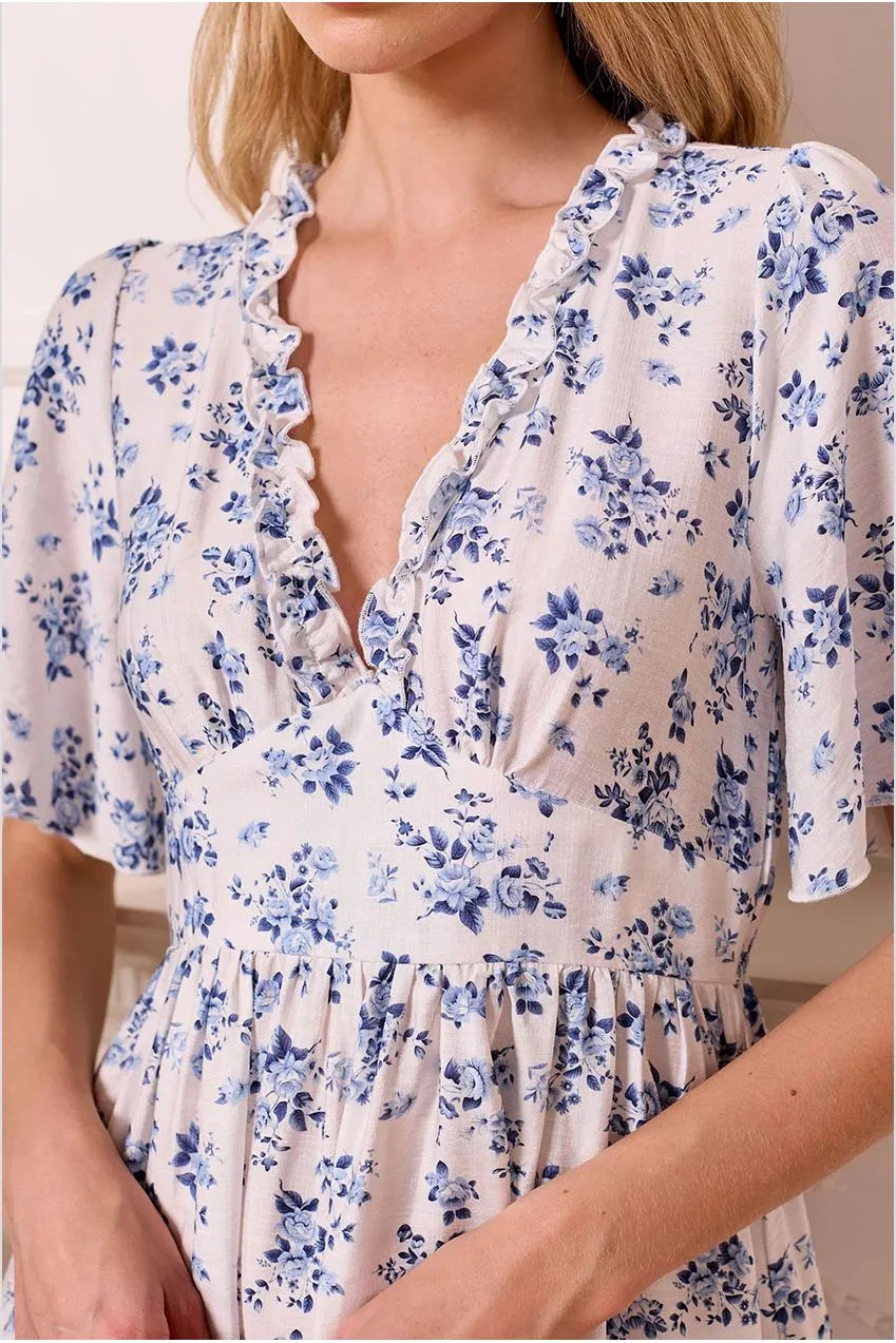Angeleye Floral mini abito bianco fiori blu maniche corte