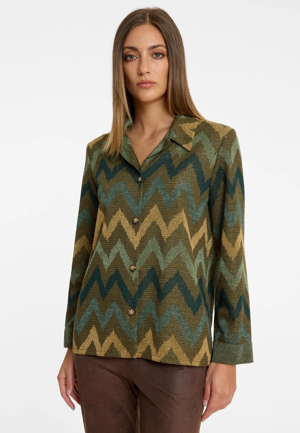 Ana Alcazar Avemi camicia lurex verde oro a zigzag