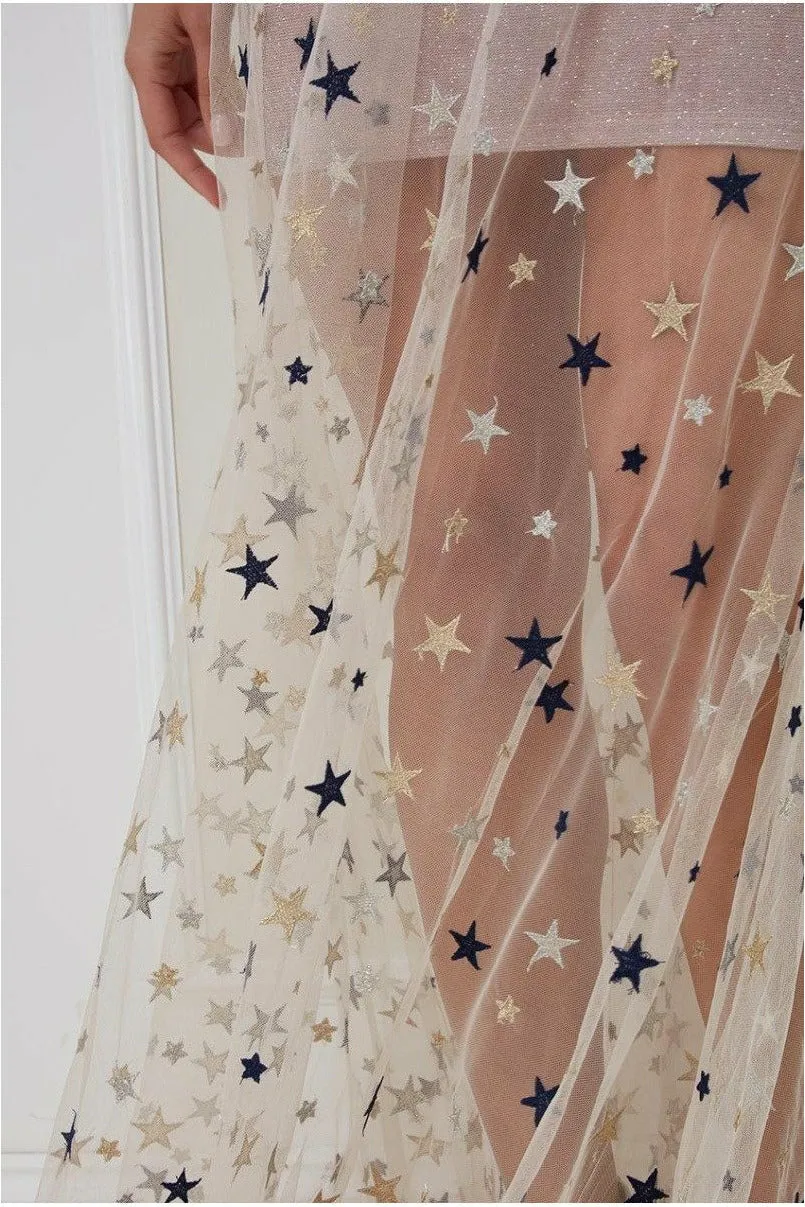 Goddiva abito lungo halter champagne stelle mesh