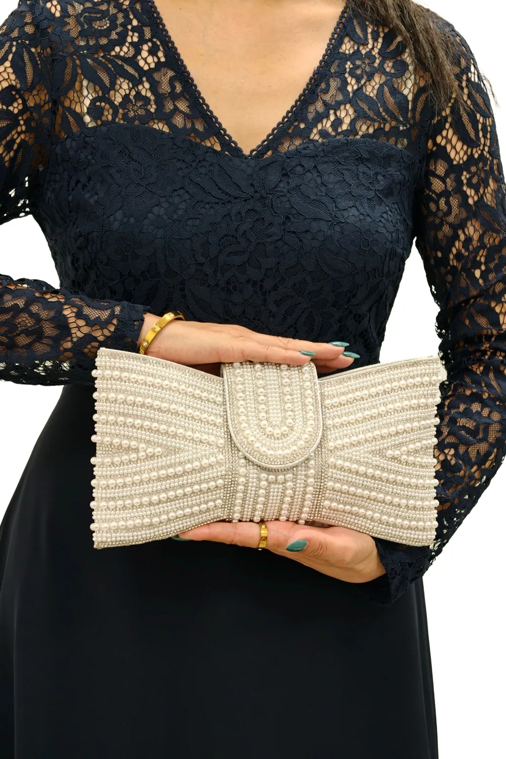 Double Second Pearl Bow pochette perle argento