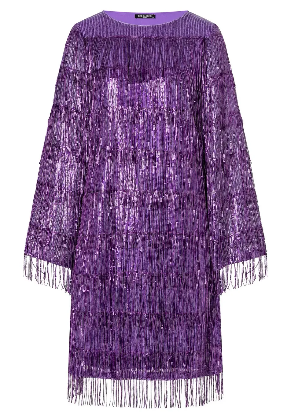 Ana Alcazar Oawa abito cocktail viola paillettes frange
