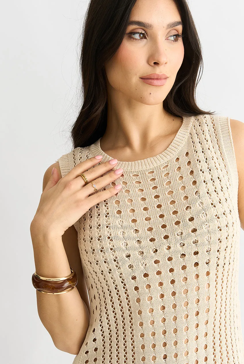 Gini London Crochet Knit abito midi beige bodycon