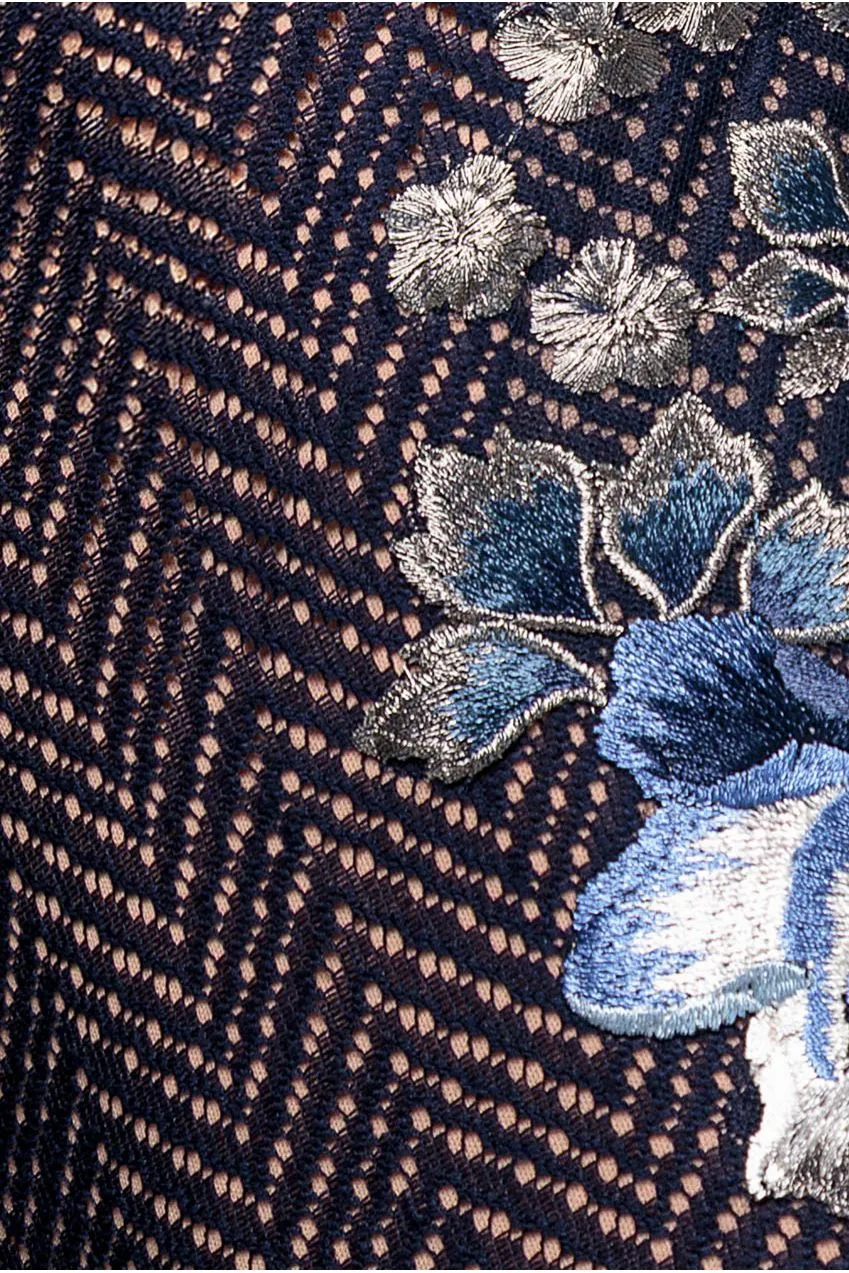 Goddiva Floral Embroidery abito pizzo navy midi