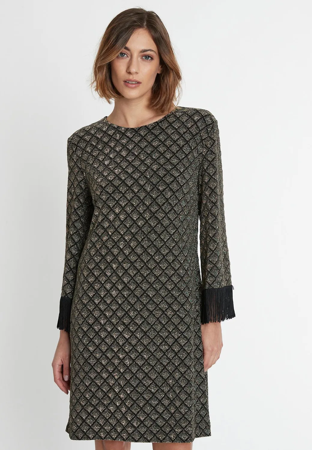 Ana Alcazar Sakary abito frange nero oro lurex