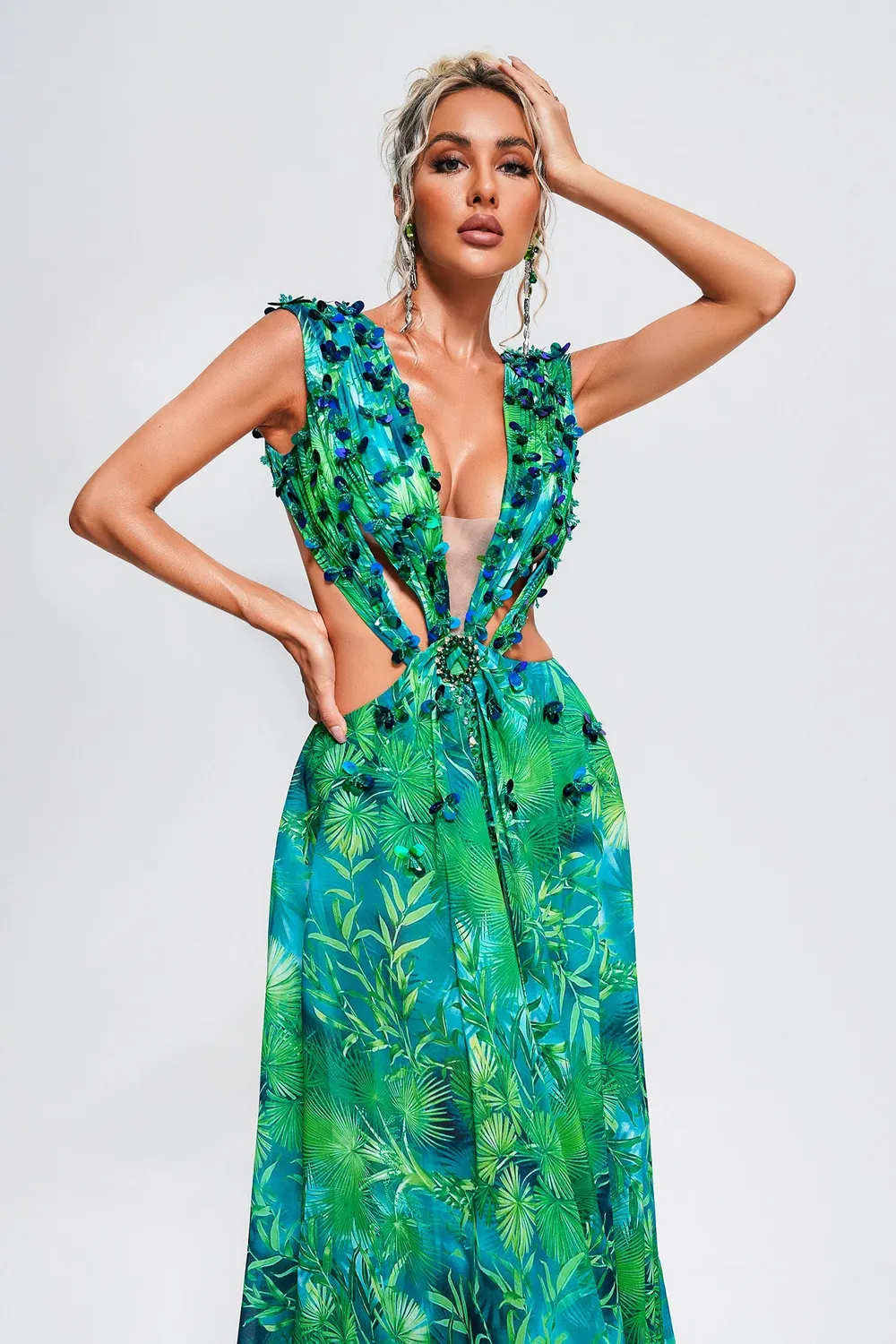 Bella Barnett Yoland abito maxi verde stampa floreale
