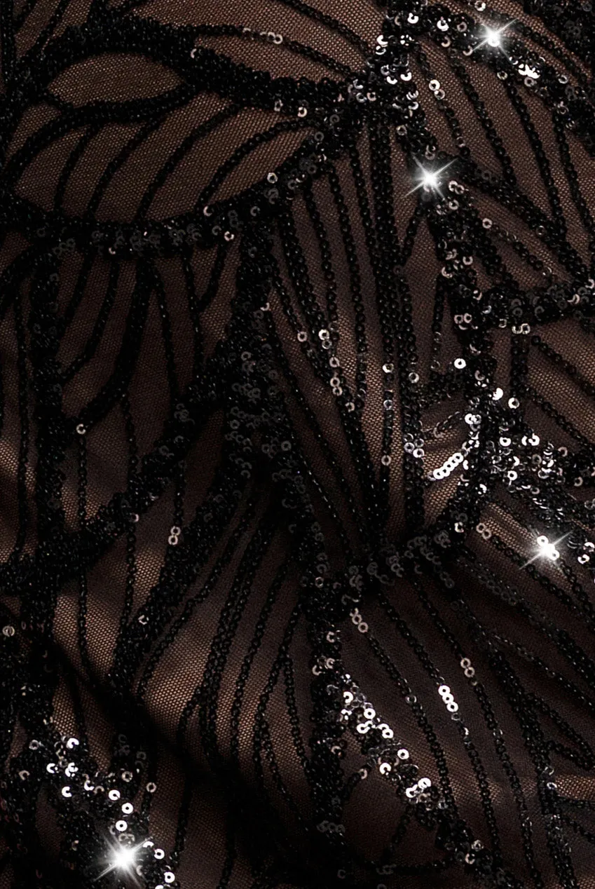 Goddiva paillettes iridescenti abito maxi nero spacco