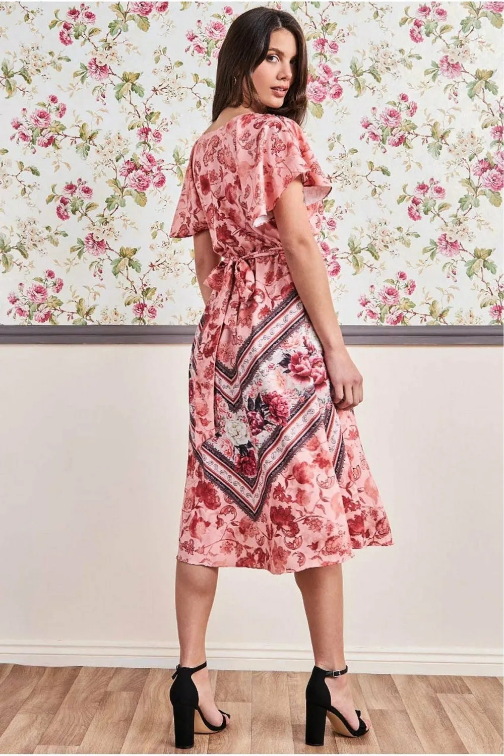 Goddiva Flutter Wrap DR3432 abito midi pesca scollo V