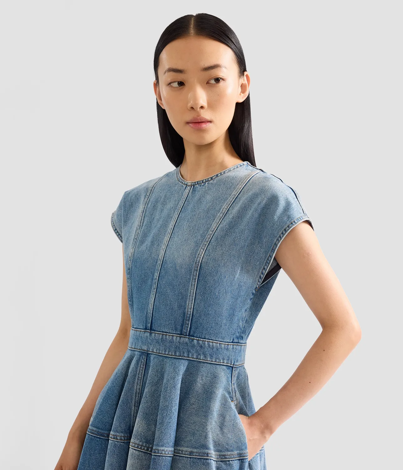Erdem Embroidered Denim Short Sleeve Midi Dress abito midi papaveri