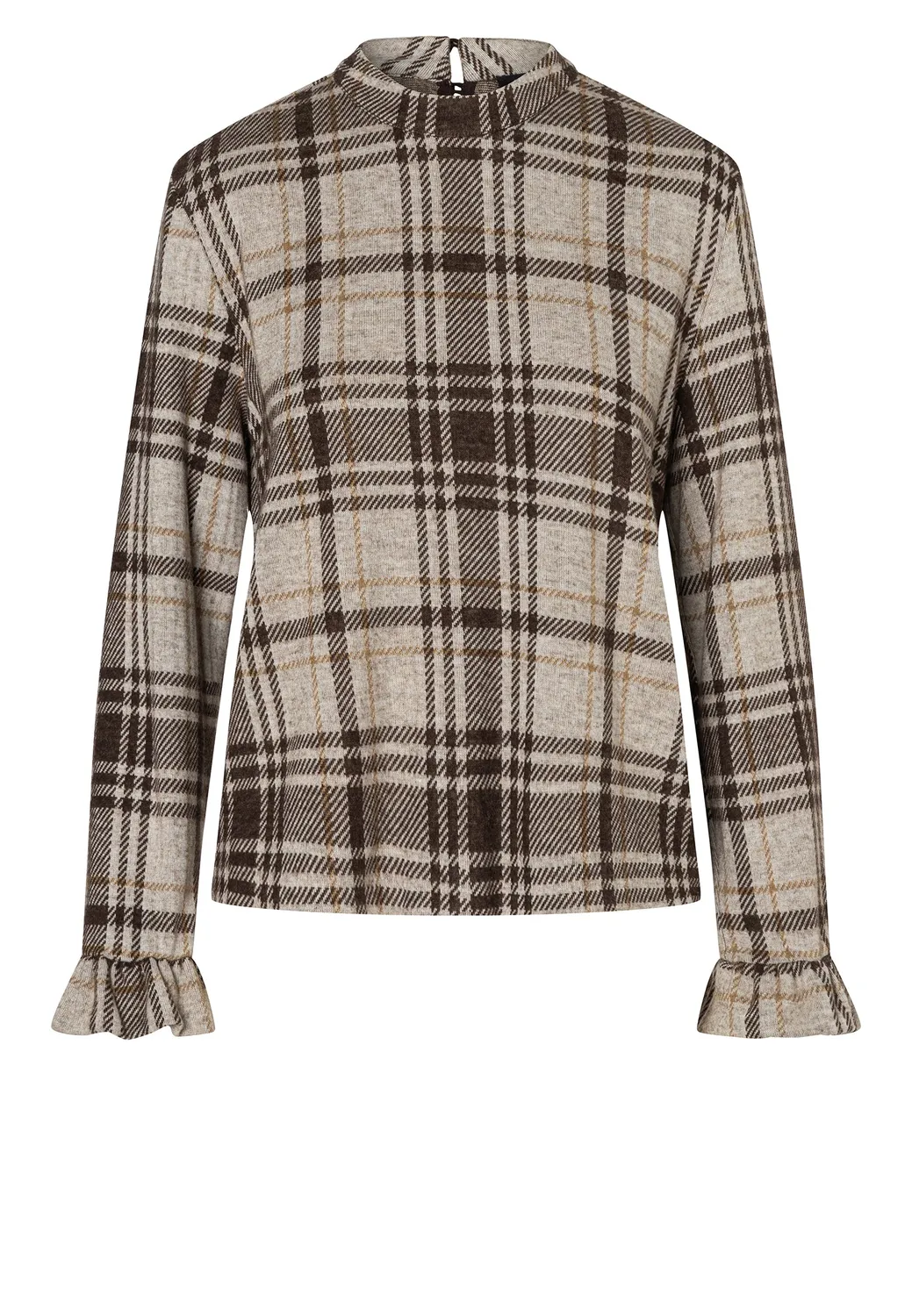 Ana Alcazar Encory top scozzese beige con rouche