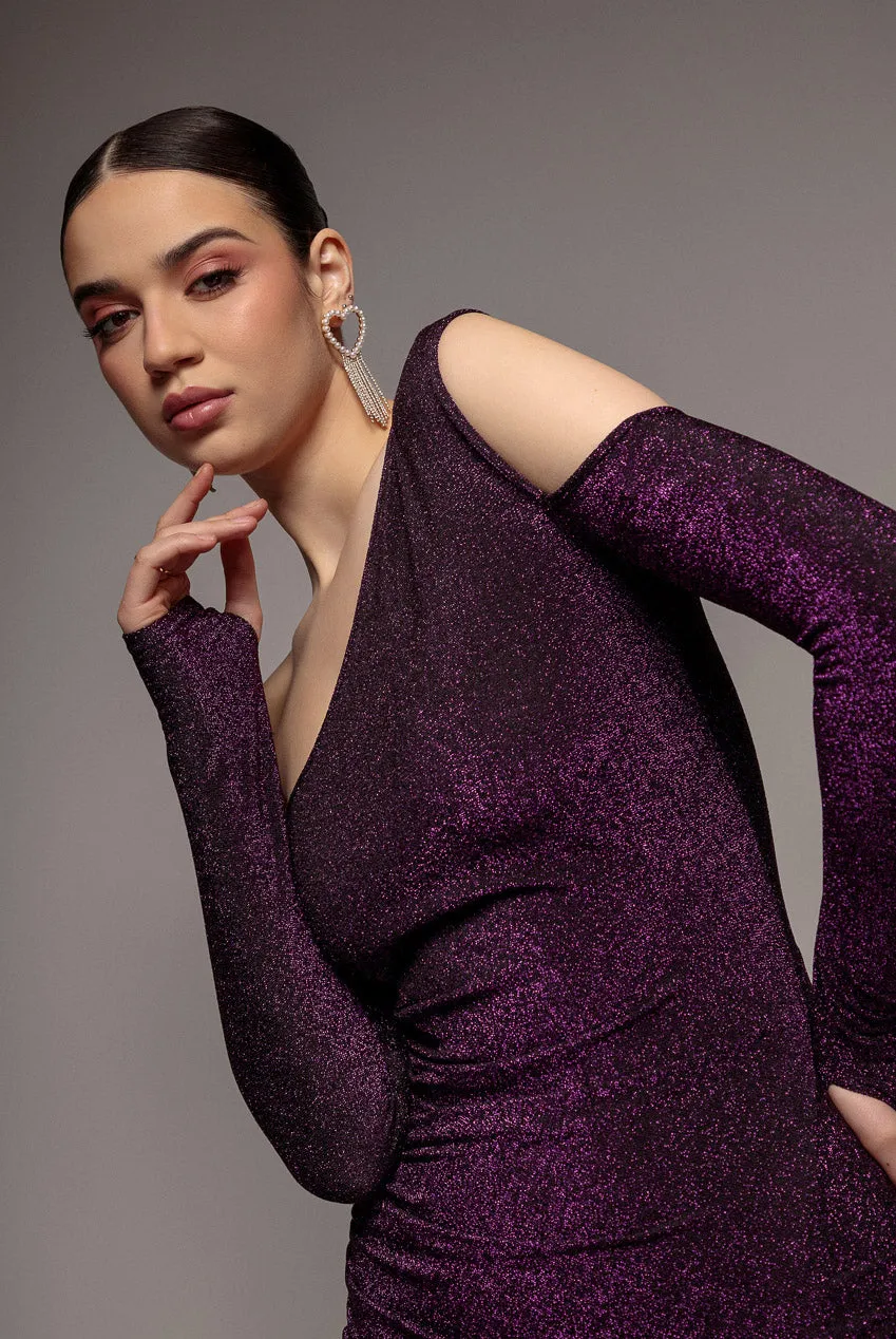Goddiva Lurex Maxi abito sera magenta spacco