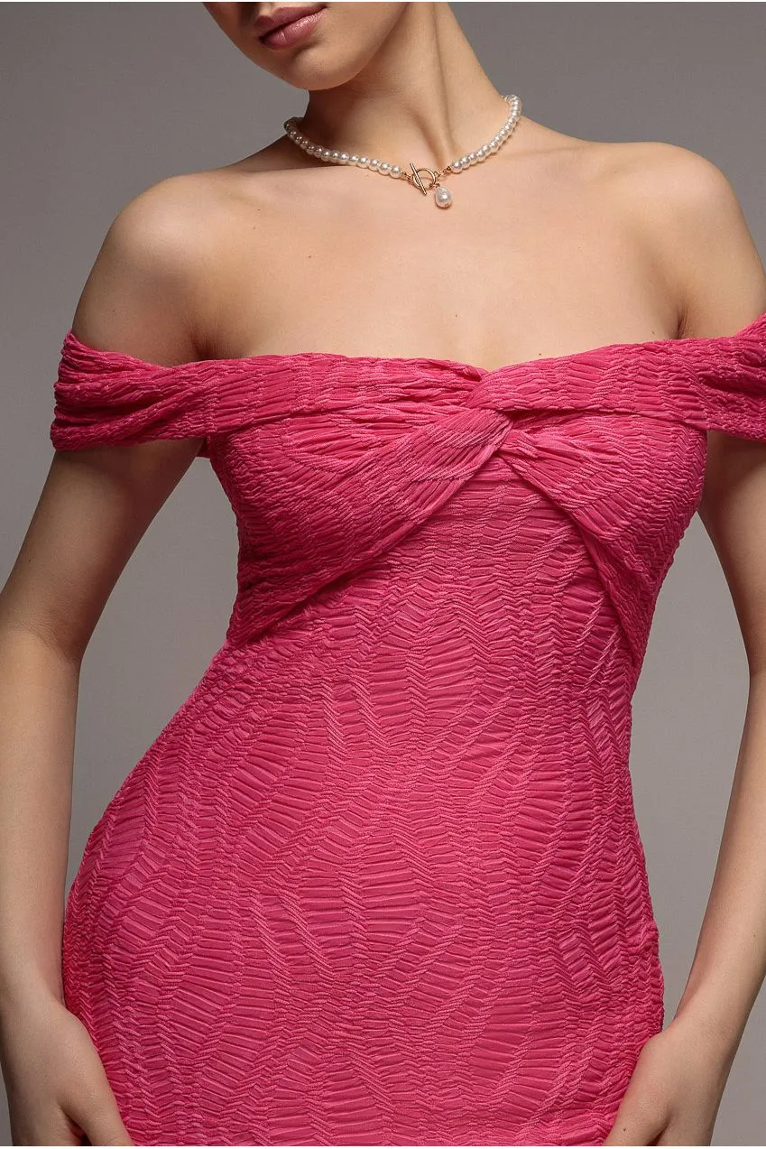 Goddiva Front Knot Twist abito midi magenta scollo Bardot