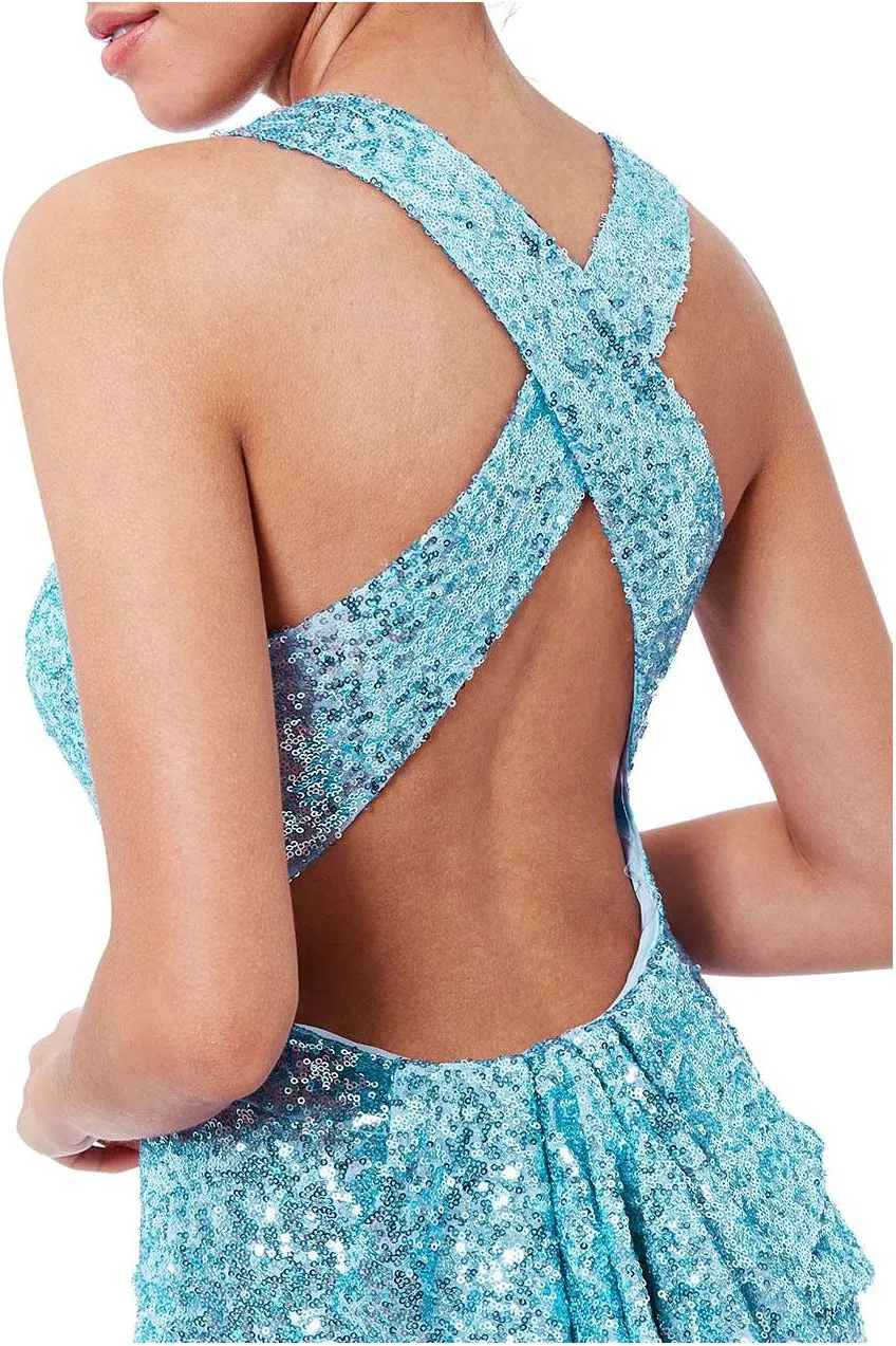 Goddiva abito maxi azzurro paillettes schiena incrociata