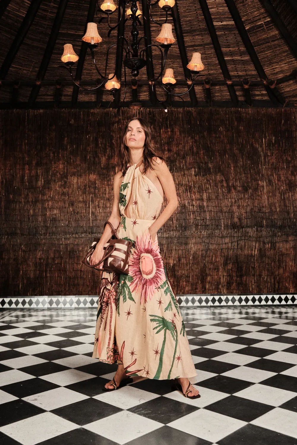 Johanna Ortiz Western Elements abito midi lino ecru ricamato