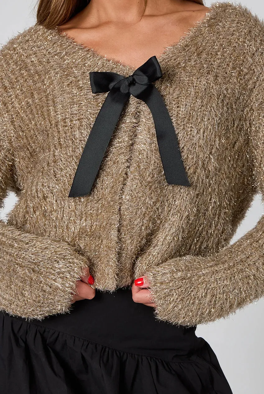 Urban Bliss cardigan oro L con fiocco lurex manica lunga