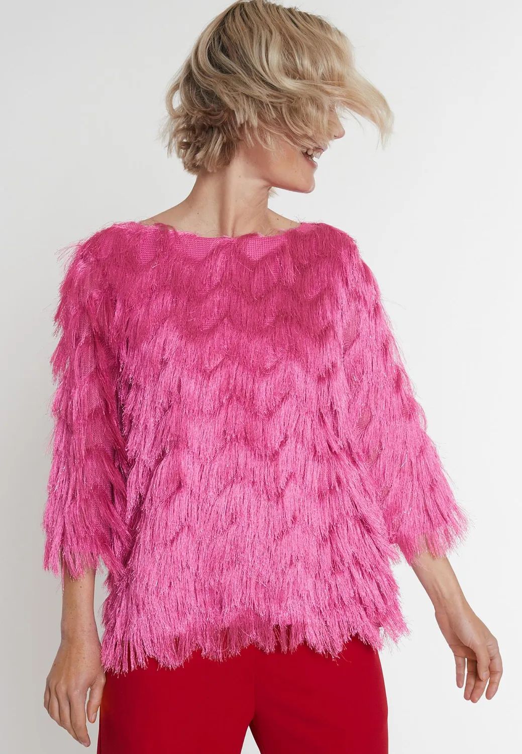 Ana Alcazar Macia top frange rosa zigzag