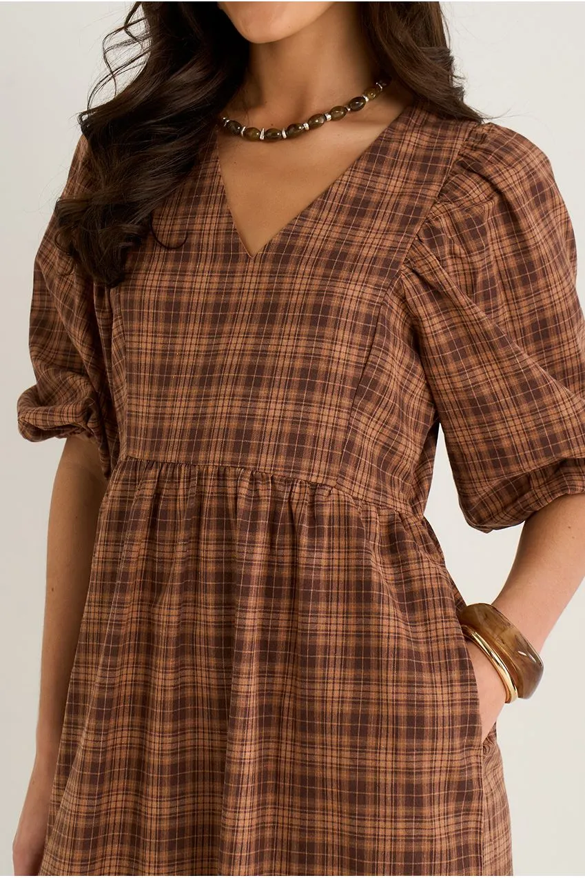 Gini London Puff Sleeves abito midi marrone cotone