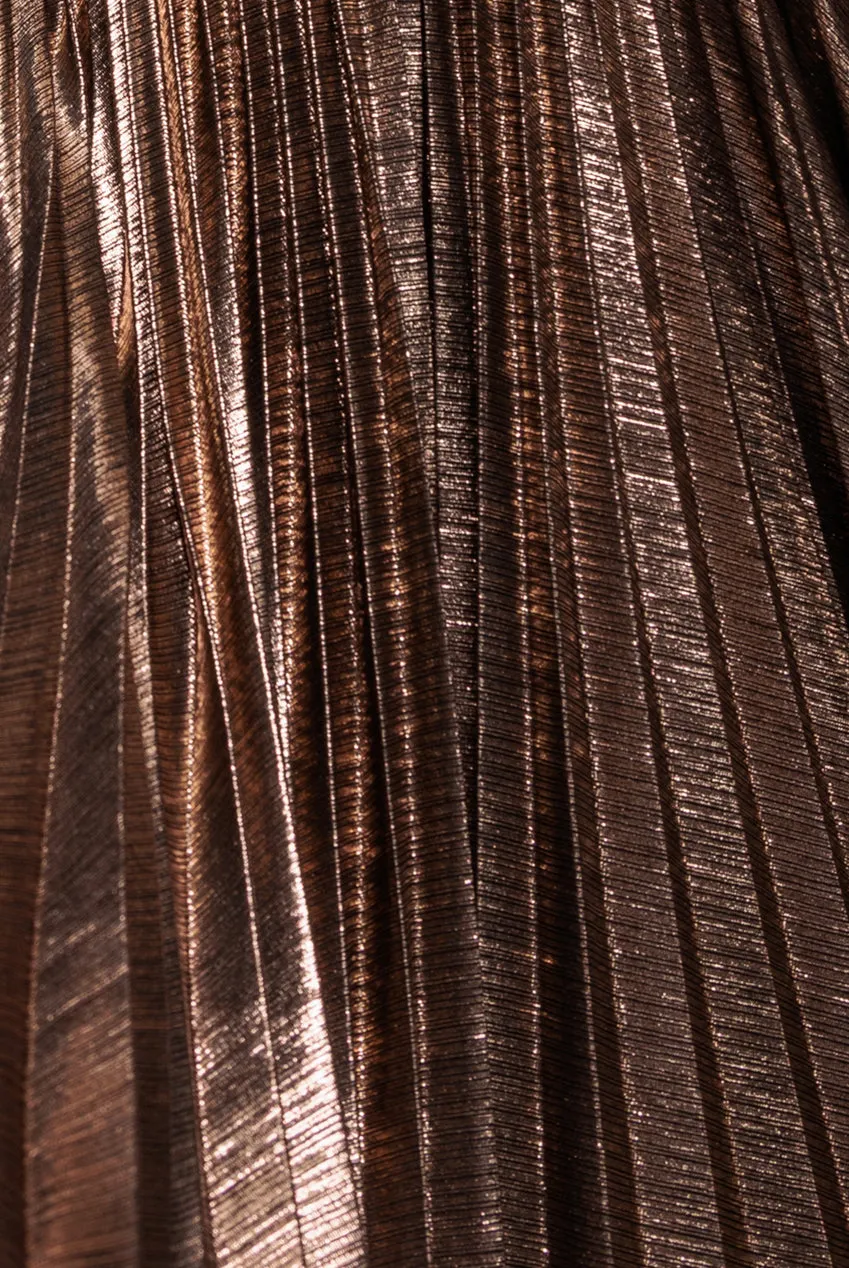 Goddiva Sunrise Foil abito maxi oro scollo halter