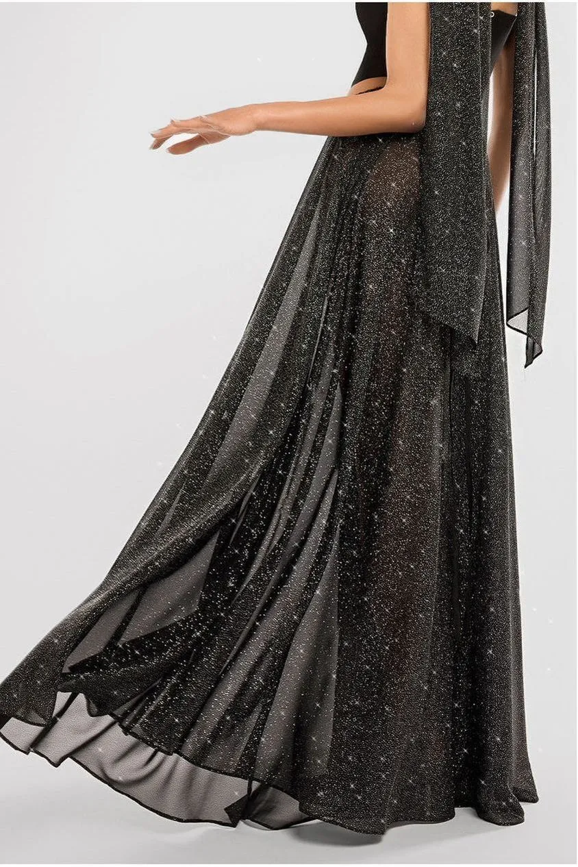 Goddiva Glitter Chiffon gonna lunga nera glitter S M L