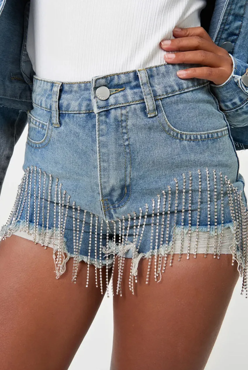 Pink Vanilla Diamante shorts denim blu cotone