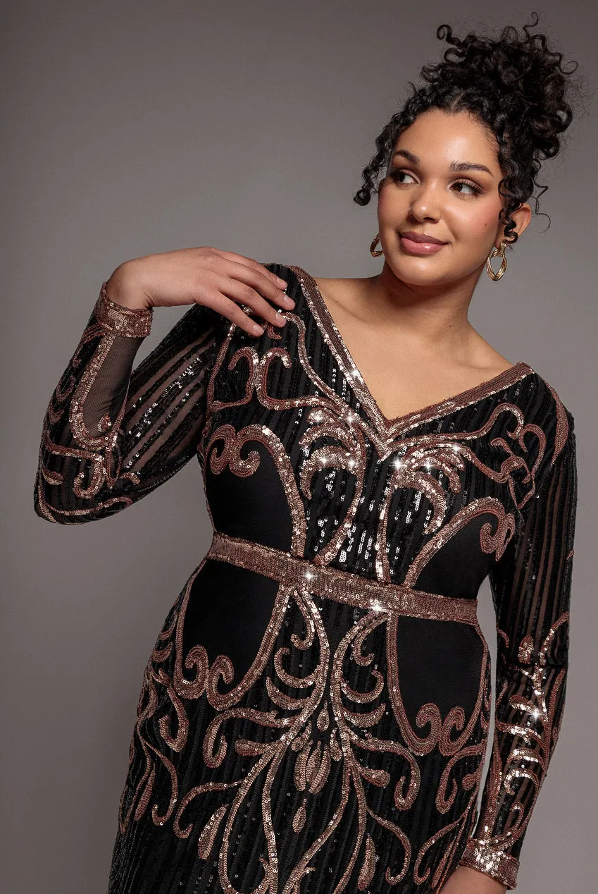 Goddiva Plus Sequin Mesh abito midi nero paillettes scollo V