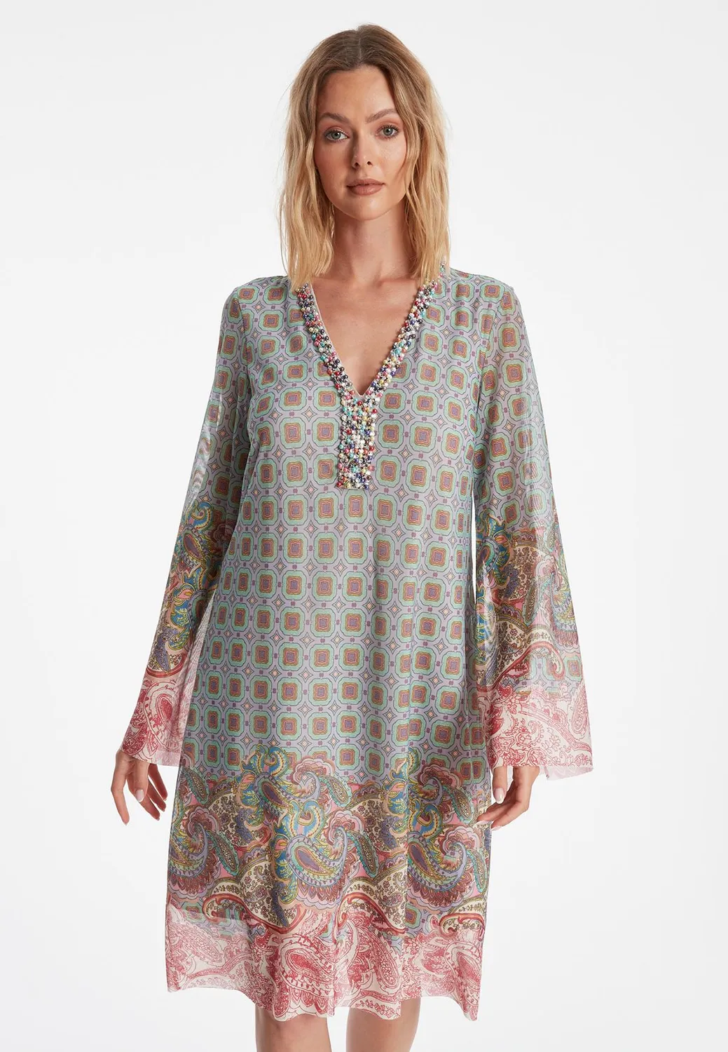Ana Alcazar Zikala abito tunica grigio rosa paisley