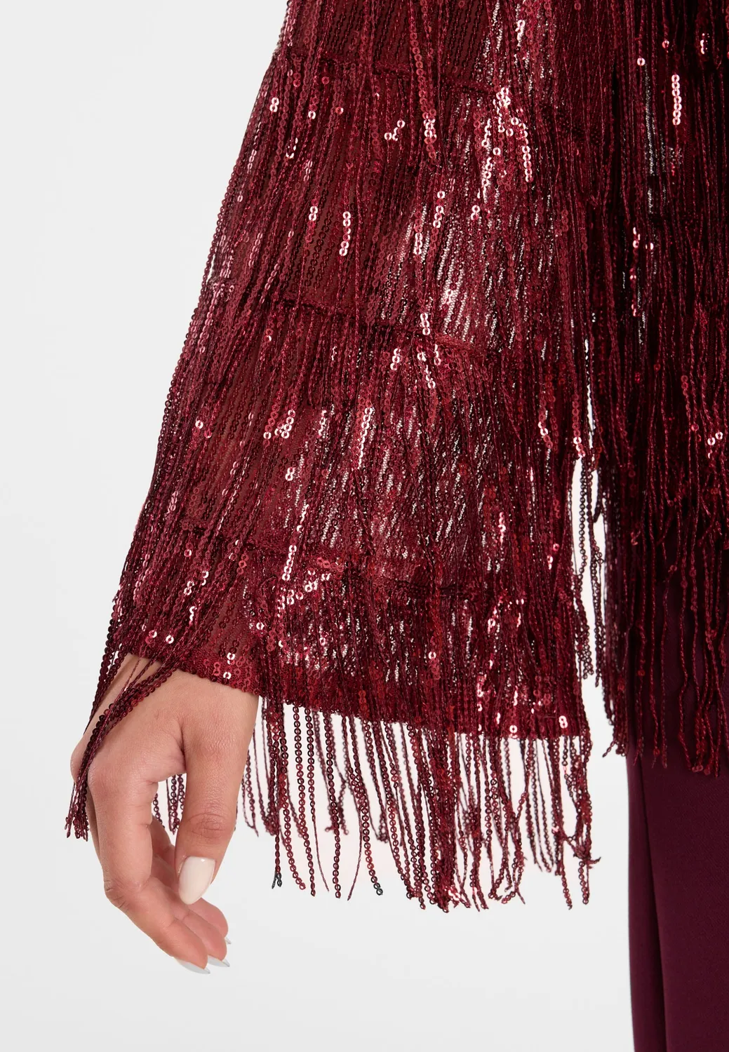 Ana Alcazar Cebata tuta elegante lunga bordeaux frange