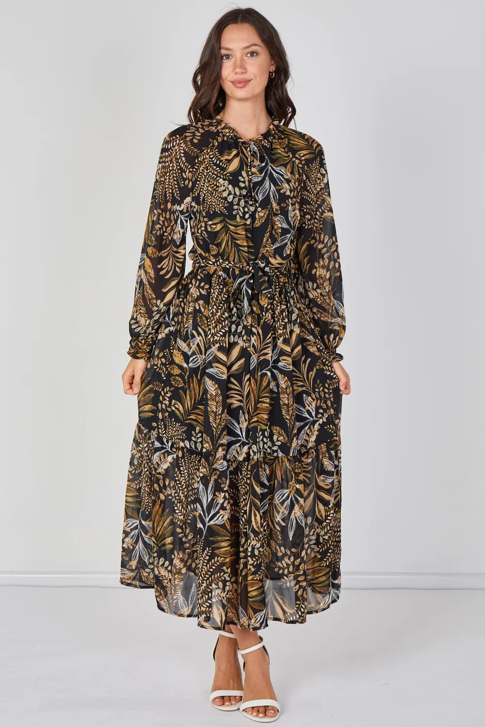 Love Sunshine Botanical abito maxi chiffon marrone con cintura