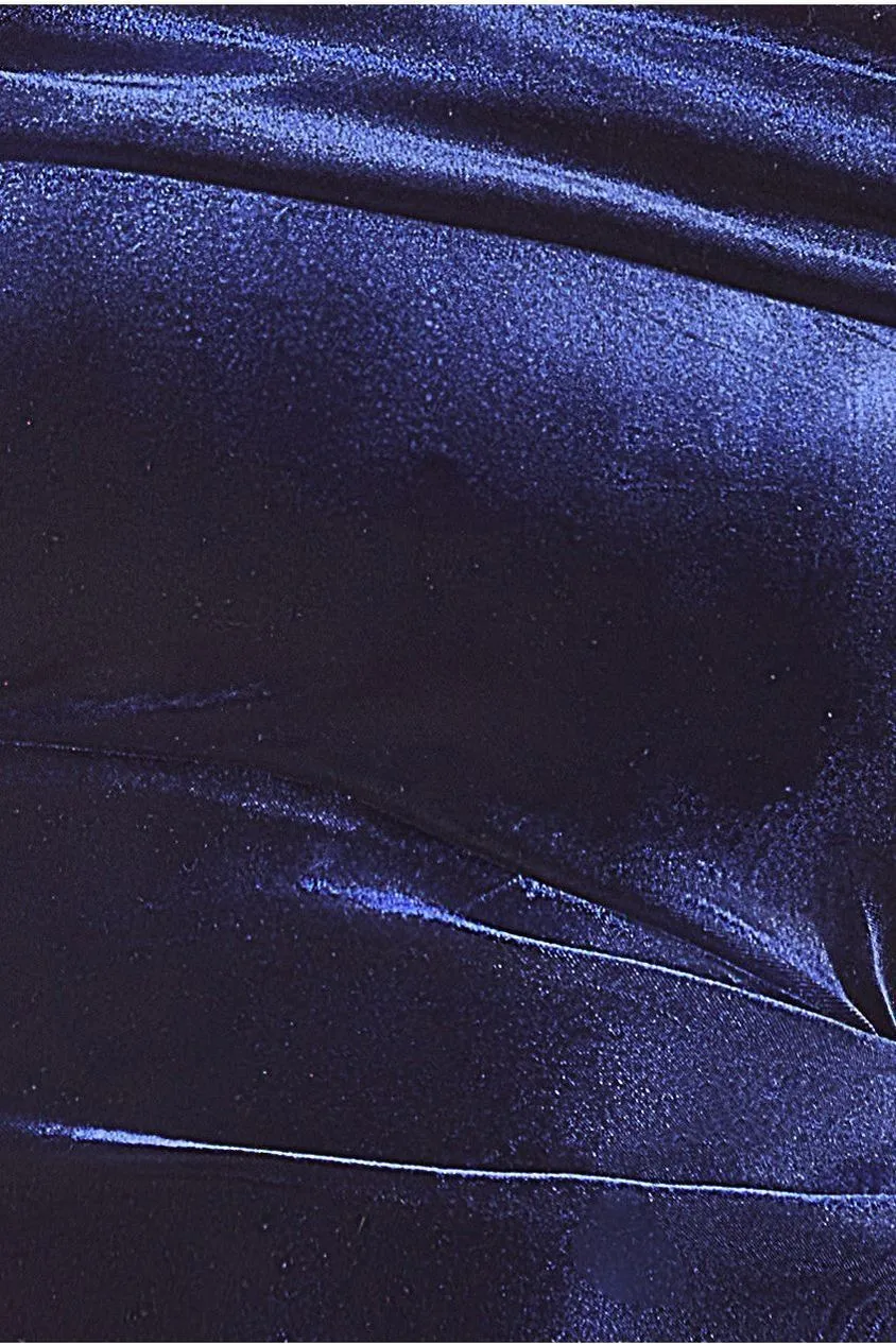 Goddiva Velvet Bardot abito lungo blu navy velluto