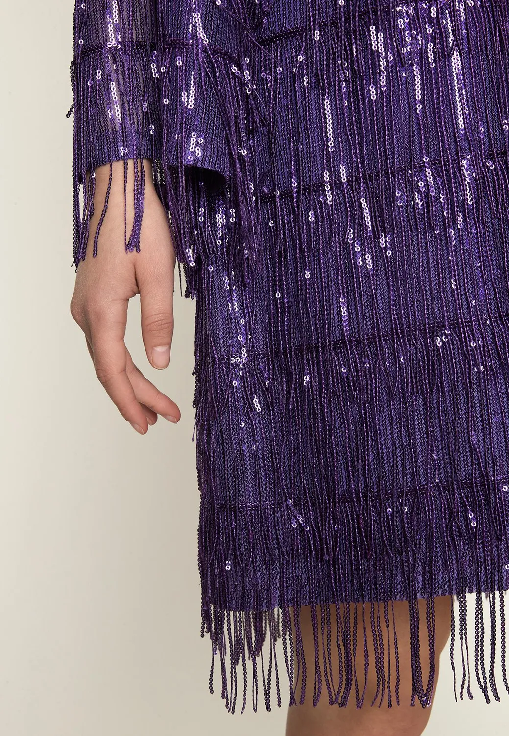 Ana Alcazar Oawa abito cocktail viola paillettes frange