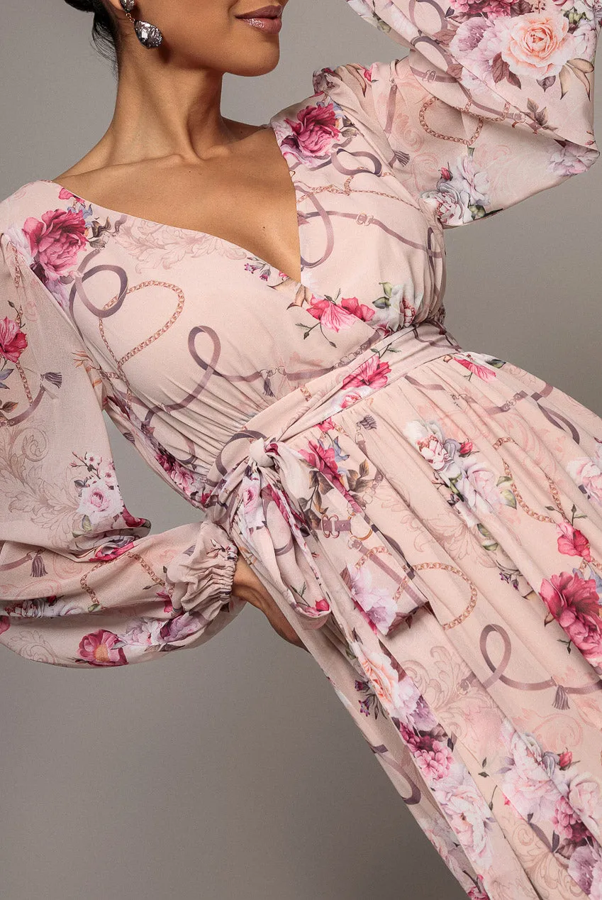 Goddiva Wrap abito lungo chiffon floreale latte spacco 8-16
