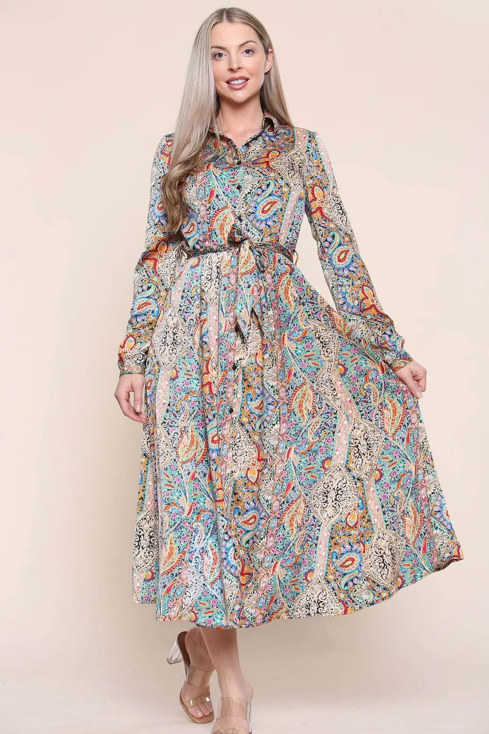 Love Sunshine Paisley abito maxi verde manica lunga fantasia