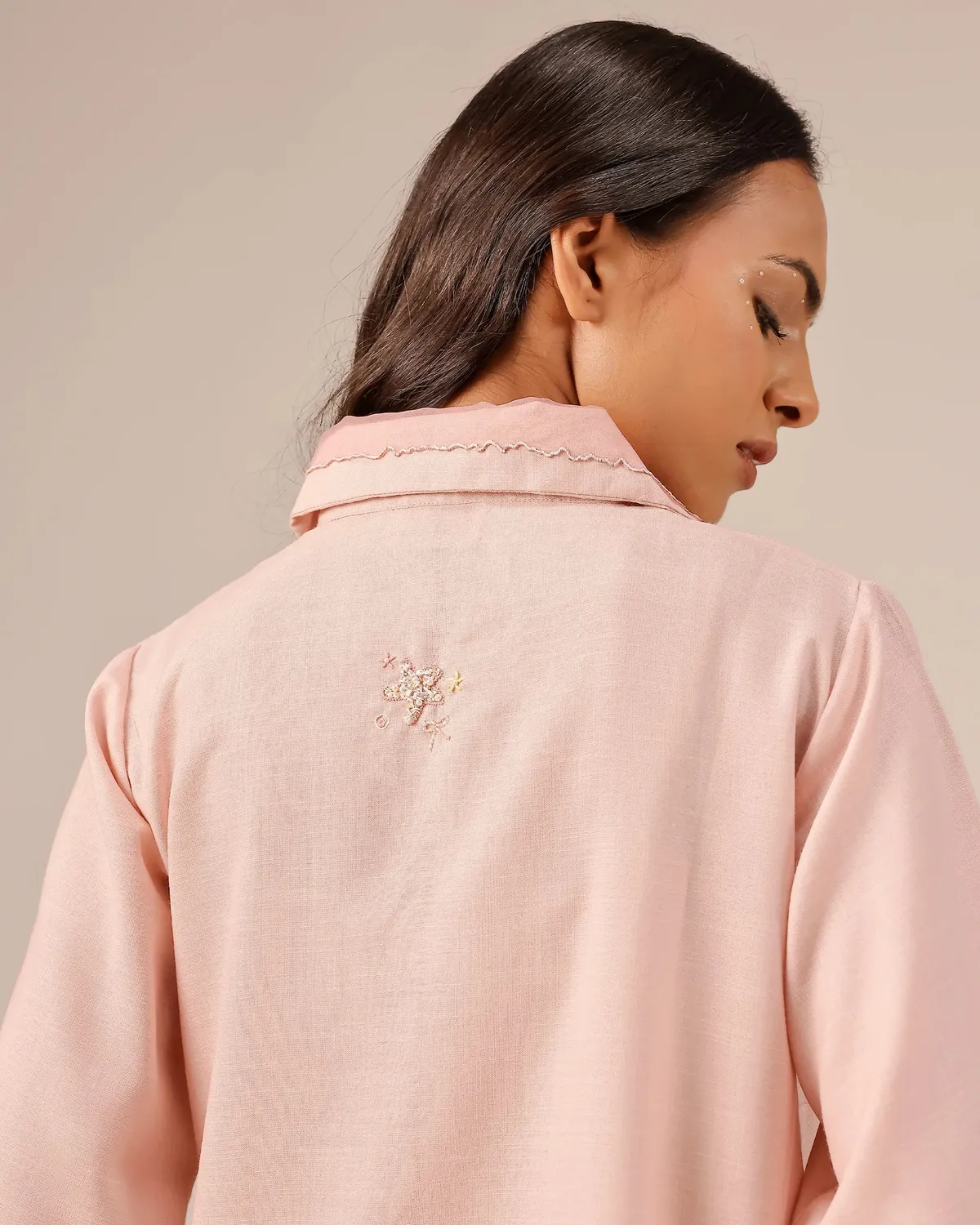 Our Dve Hibiscus abito midi rosa camicia lino cintura