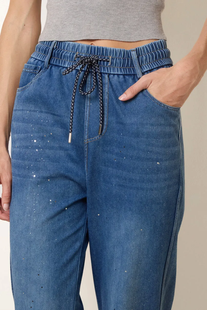 Blue Vanilla Jeans Wide Leg Blu Denim con Strass e Schizzi